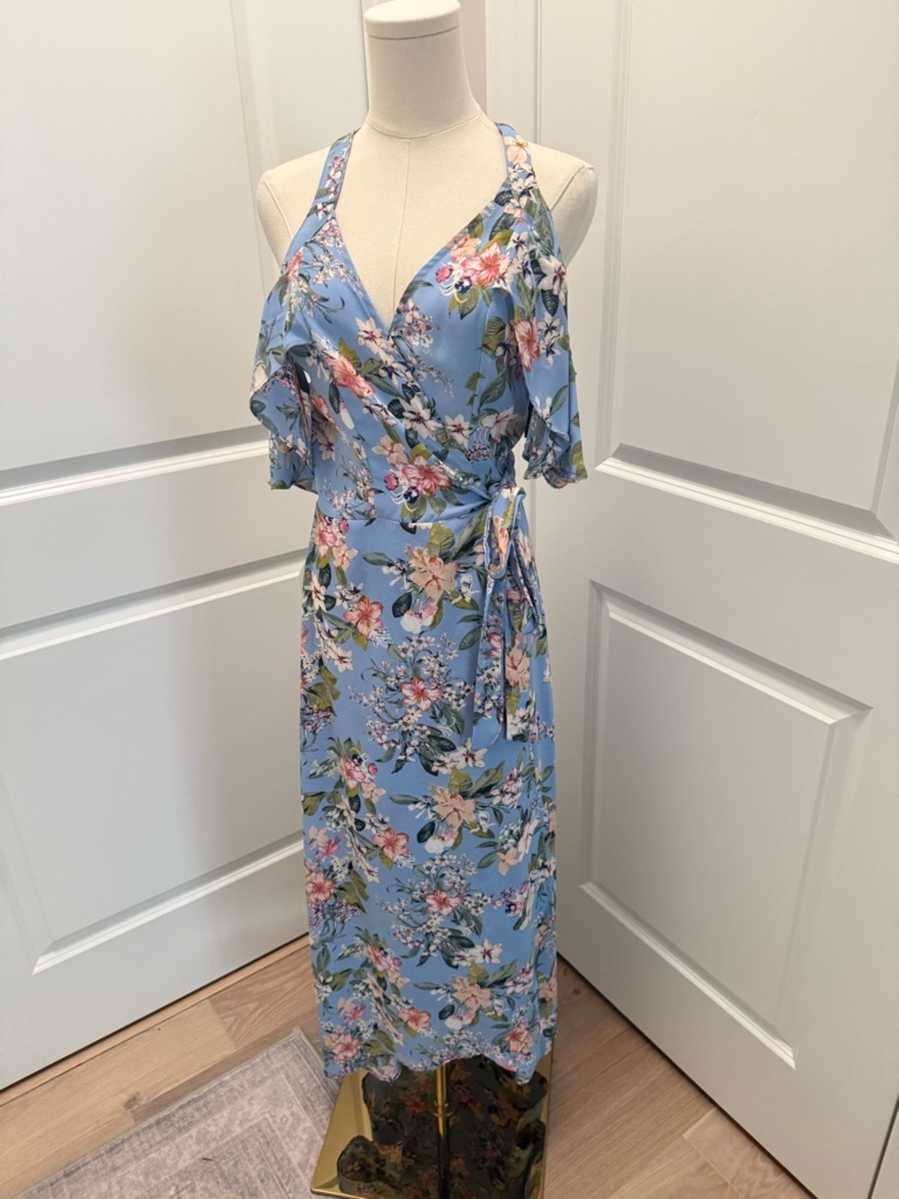 Blue Floral Asymmetrical Wrap Maxi Dress with Tie Waist